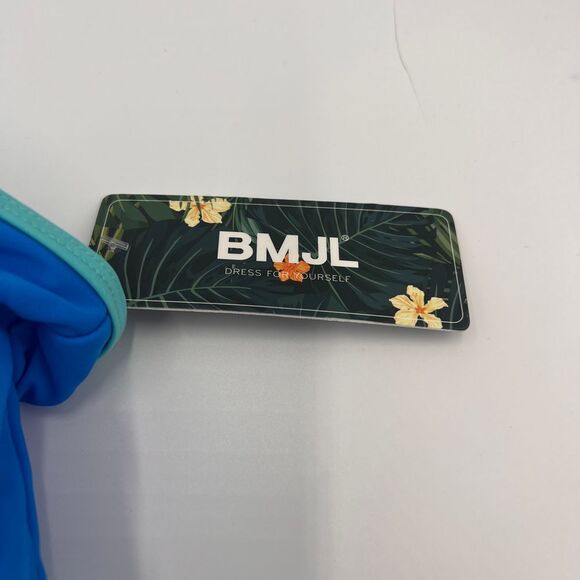 BMJL Two-Piece Swimsuit Blue Turquoise Trim Halter Top High‎ Waist Bottom M NWT - Picture 4 of 7